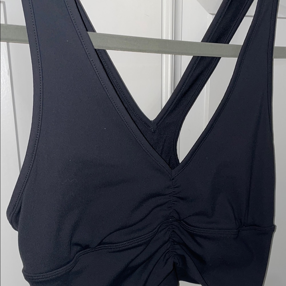 ALO Yoga Anthracite Sports Bra with V-Neck and Ruching